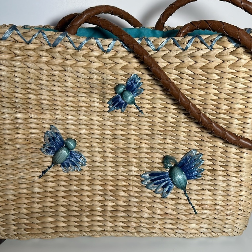 AVON 2005 BEACH used Straw Tote bag with blue dragonflies large shoulder - Picture 2 of 13
